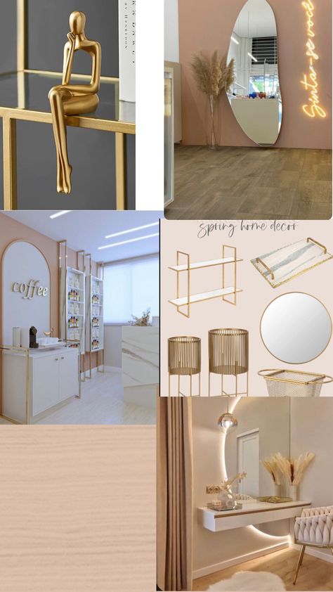 Pink White And Gold Beauty Salon, Nail Salon Lighting Ideas, Brown Aesthetic Beauty Salon, Beauty Salon Waiting Area Ideas, Pink Hair Salon Aesthetic, Beige Beauty Salon, Aesthetic Nail Salon, Pink Salon Aesthetic, Beauty Room Ideas Salon