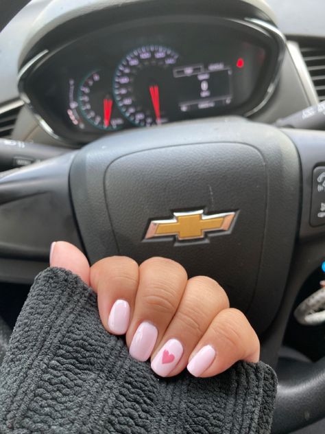 The heart took me like 10 minutes but i did it! 💗 Pale Pink Nails With Heart, Round Heart Nails, Pink Heart On Nails, White And Pink Heart Nails, Short Nails Ideas Heart, Light Pink Nails With Accent Nail, Light Pink With Heart Nails, Short Nail Designs With Hearts, Light Pink Nails Heart