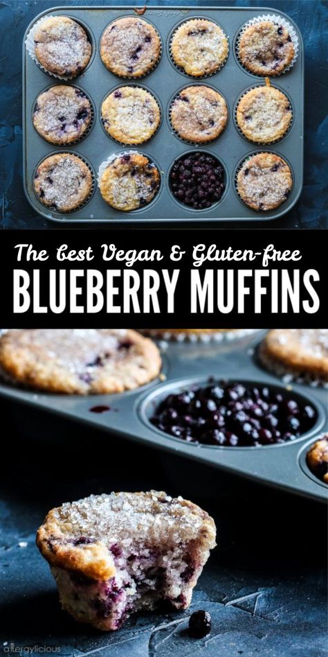 These Best Ever Vegan Blueberry Muffins have it all! Sweet juicy blueberries, a sparkling sugar topping, and the most delicious tender crumb! |recipe www.allergylicious.com| #vegan #glutenfreemuffin #blueberry #spring #brunchrecipe #nutfree #veganbreakfast Muffins Chocolate Chip, Muffin Vegan, Vegan Bakes, Vegan Picnic, Gluten Free Blueberry Muffins, Vegan Blueberry Muffins, Crumb Recipe, Patisserie Sans Gluten, Vegan Muffins