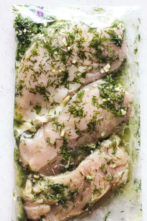 chicken marinade with dill in the bag Lemon Chicken Marinade, Lemon Dill Chicken, Chicken Breast Marinade, Dill Chicken, Dill Recipes, Grilled Chicken Marinade, Meat Marinade, Chicken Marinade Recipes, Easy Sheet Pan Dinners