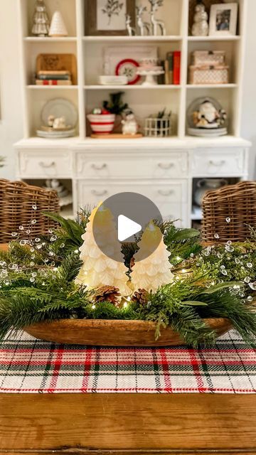 Jenny Brooks • Bloom Interior Designs on Instagram: "Christmas centerpiece!🎄✨ I can’t link my cherished great grandmother’s dough bowl, but I can share everything else you need to make this beauty! The minute I saw these gorgeous @luminaraworldwide flameless candle trees, I fell in love. They come in white & green. I have both thanks to my mom giving me the green ones for my birthday last month. 🥳 ✨ Use promo code JENNYBROOKS10 to get 10% off @luminaraworldwide Check my @shop.ltk link to shop all the stems I used from my fave faux floral store @housebyjsd #centerpiecesideas #holidaycenterpiece #luminara #holidaytable #christmasdecor #doughbowl #centerpiecedecor #christmasinspiration" Christmas Dough Bowls Centerpieces, Christmas Dough Bowl Centerpieces, Christmas Dough Bowl Decorating Ideas, Christmas Dough Bowl, Floral Christmas Centerpieces, Dough Bowl Centerpiece, Apple Christmas, Christmas Table Centerpieces, Christmas Centerpiece