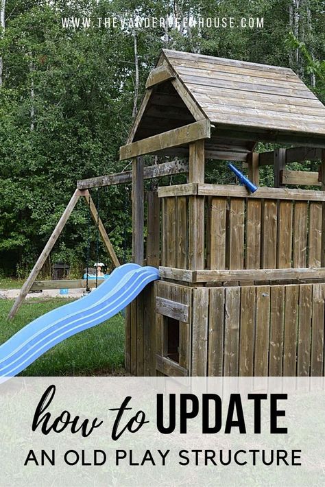 Check out this amazing swing set makeover! If you have an old and weathered wood swing set, you can use these easy steps to give your swing set a new life. This play structure makeover is easy, inexpensive, and makes a huge impact. #swingset #swingsetmakeover #playstructuremakeover Diy Wooden Swingsets, Update Swingset, Old Swingset Makeover, Backyard Playground Makeover, Backyard Playset Makeover, Wooden Swingset Remodel, Wood Playground Makeover, Wooden Play Set Makeover, Old Playground Makeover