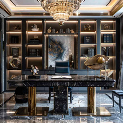 32 Home Office Spaces: Where the Wow Factor Boosts Efficiency Golden Office Decor, Dream Office Luxury, Technology Room, Royal Office, His And Hers Office, Classic Office Design, Executive Office Design, Small Office Design Interior, Glam Office