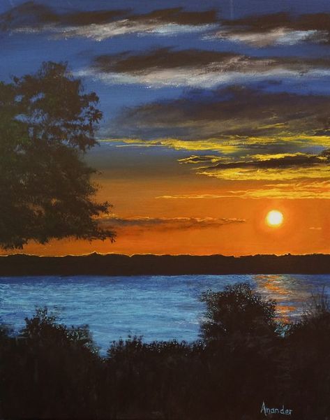 Bob Ross - Painting | Sunset Acrylic 16x20 | Facebook Bob Ross Landscape Paintings, Depth Drawing, Bob Ross Landscape, Sunset Acrylic, Bob Ross Paintings, Painting Sunset, Contemporary Landscape Painting, Simple Canvas Paintings, Mountain Scene