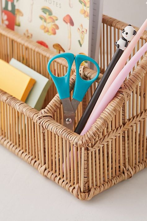 Give your office a boho-inspired refresh when you organize your essentials with this handmade bamboo desk organizer. Equipped with three sections of various sizes, this organizer is perfect for keeping your working spaces tidy. Features Rattan desk organizer 3 Assorted sized compartments to hold your stationery & writing tools One-of-a-kind natural rattan variance Content + Care Rattan, bamboo Wipe clean Imported Size Dimensions: 12.3" l x 5" w x 6" h Weight: 2.2 lbs | Irawaddy Desk Organizer in Natural at Urban Outfitters Urban Outfitters School Supplies, Urban Outfitters Desk Decor, Urban Outfitters Desk, Rattan Desk, Tidy Desk, Bamboo Desk, Minimal Desk, Cute Office Supplies, Retro Desk