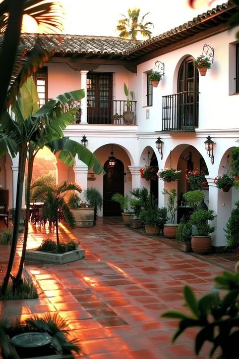 Sicilian House, Old Spanish Style Homes, Spanish Revival Interior, Modern Spanish Revival, Spanish Style Home Interior, Spanish Revival Architecture, Open Courtyard, Concrete Homes, Modern Hacienda