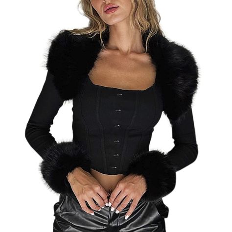 PRICES MAY VARY. Material: Women long sleeve faux fur collar outwear made of high quality polyester and spandex, breathable, lightweight, comfortable and warm to wear on Features: Long sleeve jacket, collar and cuffs with faux fur, short jacket, solid color, sexy women jacket, tight-fitting, elasticity. Note: The faux fur parts of the cuffs and collar are attached to the jacket by buttons. faux fur parts can be removed Occasion: The sexy short jacket is suit for casual wear, anniversary, guest, Fur Collar Outfit, Fur Outfit, Faux Fur Collar Coat, Faux Fur Cardigan, Fur Cardigan, Fur Collar Coat, Strapless Crop Top, Collar Coat, Casual Jackets