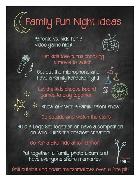 How do you make Family Fun Nights special? Description from sippycupmom.com. I searched for this on bing.com/images Family Night Ideas, Family Fun Night Ideas, Family Time Activities, Family Night Activities, Family Meeting, Family Fun Night, Family Theme, Summer Fun List, Family Movie Night