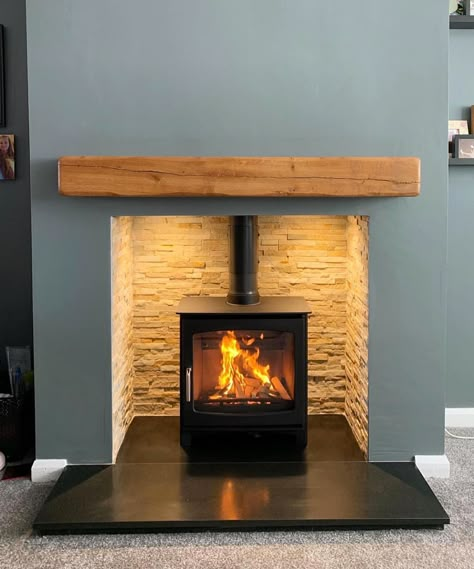 Fireplace Ideas Minimalist, Fireplace Oak Beam, Log Burner Oak Beam, Small Woodburner Fireplace, Log Burner Fireplace Ideas Modern, Wooden Beam Fireplace, Black Hearth Fireplace, Chunky Fireplace Mantle, Oak Mantle Fireplace