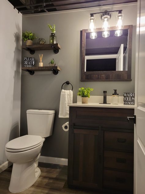 Rustic/ farmhouse/ industrial floating shelves/ Amazon decor Espresso Bathroom Cabinets Decor, Dark Farmhouse Bathroom Ideas, Grey White Brown Bathroom, Small Bathroom Dark Vanity, Brown Farmhouse Bathroom, Bathroom Decor Dark Brown Cabinets, Small Bathroom Ideas With Black Vanity, Brown Cabinet Bathroom Decor, Brown Restroom Decor Ideas