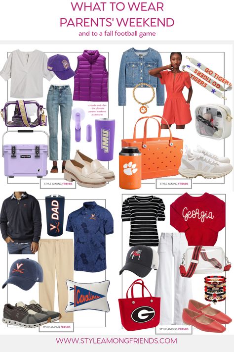 Excited to hit the road and visit your college student? Trying to decide what outfit to sport while exploring campus or attending a football game? We’re here to help! Take a look at our latest blog post featuring 8 stylish color combinations perfect for game day outfits. All approved by over 50 moms! Dads, we’ve got options for you too! Cheers to the team! #gameday #parentsweekend #collegefootball #fashionover50 Mom Gameday Outfit, Game Day Outfit Over 40, Parents Weekend Outfits, A&m Football Game Outfit, College Parents Weekend Outfit, Parents Weekend Outfit For Mom, What To Wear To A Football Game, College Football Game Outfit Fall, College Parents Weekend