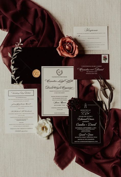 Love love love adding velvet and black with moody-hues!!! Dark Wedding Stationary, Burgundy Save The Date Ideas, Burgundy Maroon Wedding, Black And Red Wedding Invites, Moody November Wedding, Black And Wine Wedding Theme, Moody Fall Wedding Invitations, Black Burgundy Ivory And Gold Wedding, Black Maroon And Pink Wedding