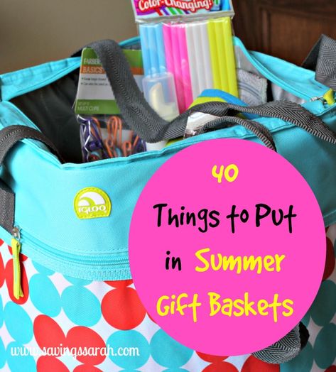 40 Things to Put in Summer Gift Baskets - Earning and Saving with Sarah Beach Gift Basket, Summer Gift Baskets, Beach Theme Gifts, Theme Baskets, Pool Gifts, Beach Bag Gift, Auction Basket, Cooler Gift, Basket Gifts