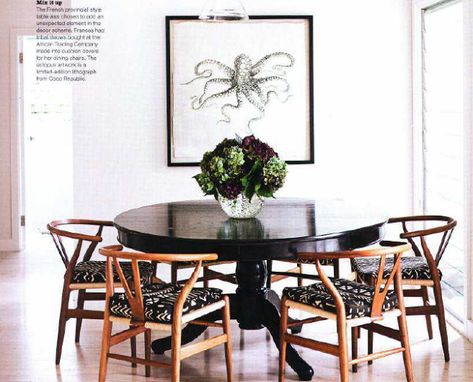 sadie + stella: Monday Musings: Wishbone Black Table Wood Chairs, Mixing Black And White Furniture, Black Pedestal Dining Table, Antique Round Dining Table, Round Black Dining Table, Monday Musings, Octopus Artwork, Black Round Dining Table, Black And White Furniture