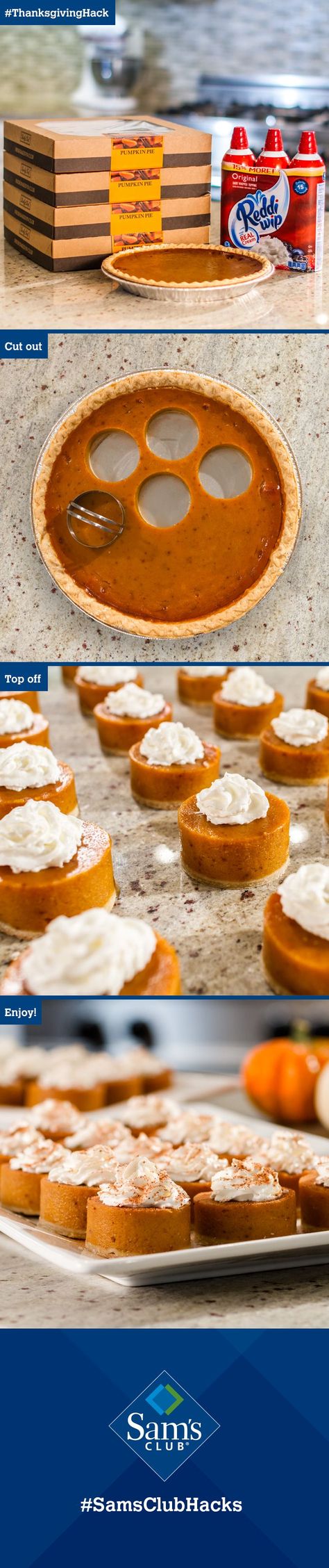 Family will gobble up this easy #ThanksgivingHack! Take a 2” biscuit cutter to four Sam’s Club pumpkin pies and voila! Adorable minis for 32 guests. Top off with Reddi-wip and SERVE IMMEDIATELY. Happy Thanksgiving! #SamsClubHacks Pumpkin Pie Cups Recipe, Fall Comfort Food Recipes Crock Pots, Decoration For Thanksgiving Table, Dollarstore Fall Decor, Cute Fall Desserts For Kids, Decorating Pumpkin Pie, Fall Party Orderves, Fall First Birthday Activities, Pumpkin Pie Costco