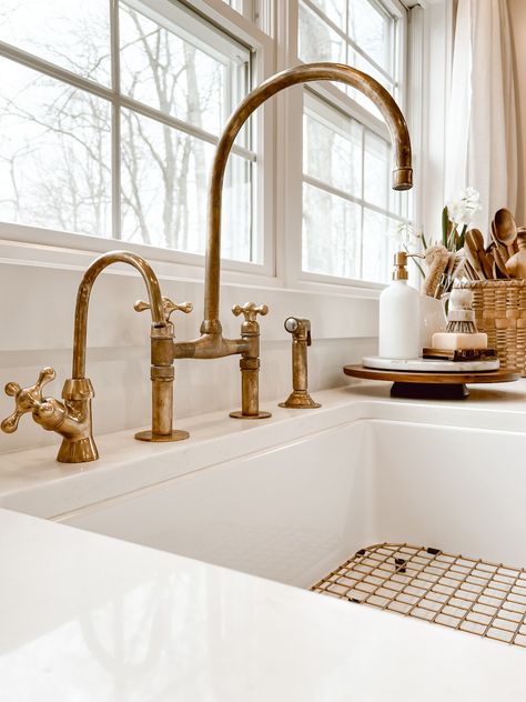 Our Unlacquered Brass Kitchen Faucets - Deb and Danelle Antique Brass Kitchen Faucet, Unlacquered Brass Kitchen, Unlacquered Brass Kitchen Faucet, Unlacquered Brass Faucet, Bridge Faucet Kitchen, Antique Brass Kitchen, Brass Faucets, Bridge Faucet, Brass Kitchen Faucet