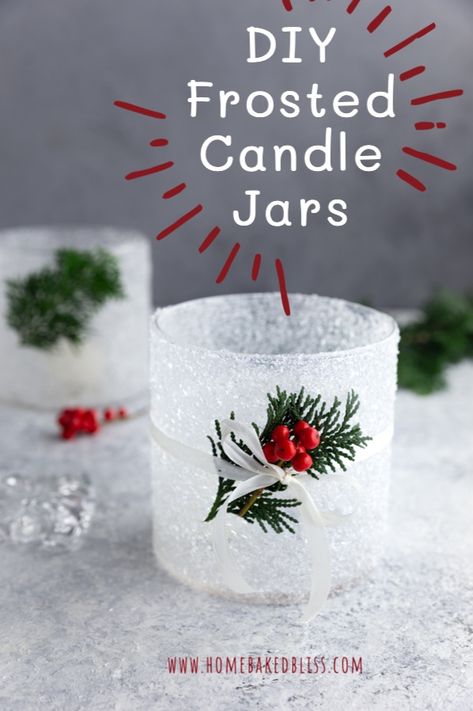 Oui Christmas Jars, Diy Winter Candle Holders, Christmas Candle Jars Craft Ideas, Christmas Candle Diy Ideas, Christmas Votive Holders Diy, Diy With Candle Jars, Diy Candle Design Ideas, Decorating Jars For Christmas, Diy Snowy Mason Jars