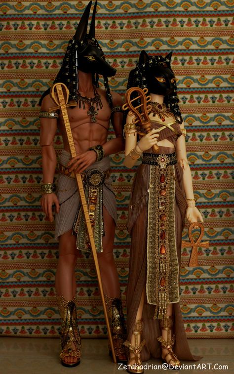 "Egyptian Gods by Zetahadrian.deviantart.com on @deviantART" I love the details and texture on these dolls' costumes Egyptian Halloween, Egyptian Party, Egyptian Makeup, Egyptian Fashion, Doll Halloween, Halloween Mummy, Egyptian Mythology, Porcelain Doll, Egyptian Gods