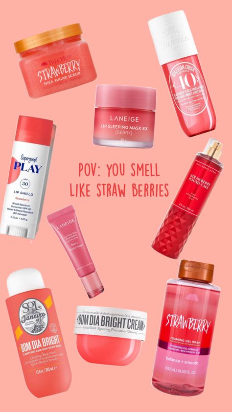 These are really good products that will help you smell like strawberries How To Smell Fruity, Pov You Smell Good, How To Smell Like Strawberries, Smell Like Strawberries, Smelling Good, Good Products, Body Care Routine, Self Improvement Tips, Smell Good