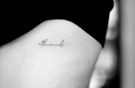 Tatto idea, ethereal word Ethereal Tattoos Small, Pretty Words Tattoos, Ethereal Word Tattoo, Ethereal Tattoos For Women, Single Word Tattoos For Women, Ethereal Tattoo Ideas, Tattoo Ethereal, Single Word Tattoos, Tattoo Ideas For Female