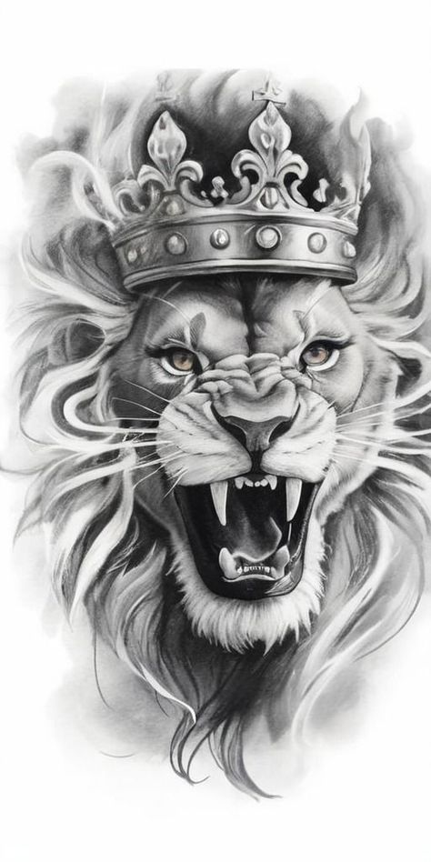 Crowned Lion Tattoo, Lion And Crown Tattoo Design, Lion Back Tattoo Design, Lion Chest Tattoo Men Design, Lion With Crown Drawing, Crown Lion Tattoo, Lion Head Tattoo Stencil, Lion Tattoo Design Stencil, Lion Roaring Tattoo