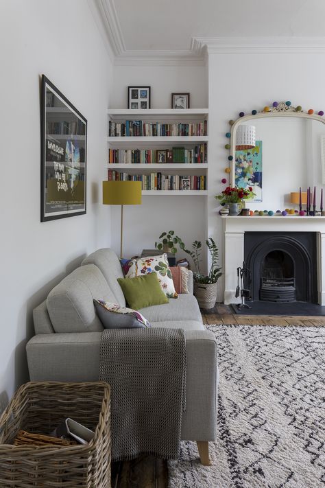 Interior Design by Imperfect Interiors at this Victorian Villa in London. A palette of contemporary Farrow & Ball paint colours mixed with traditional period details- white walls, a mustard yellow floor lamp, Moroccan rug & cushions made from Josef Frank Svenst Tenn fabric on the sofa in the living room. Photo by Chris Snook Victorian Villa, Ruang Tv, Victorian Living Room, Yellow Living Room, Up House, Traditional Living Room, Living Room Diy, New Living Room, Living Room Grey