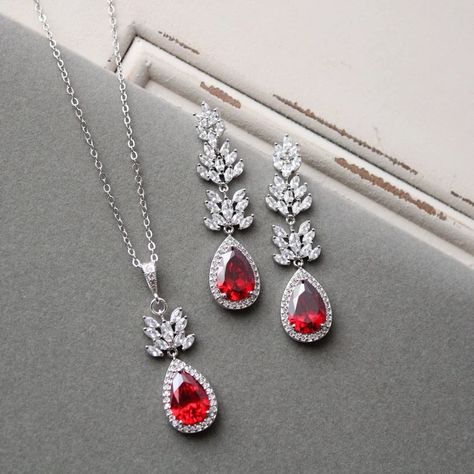 Silver Red Bridal Earring and Necklace Set CZ Crystal Drop Earrings Wedding Earrings Vintage Style Wedding Jewelry Set Ruby Red Art Deco - Etsy UK Crystal Drop Earrings Wedding, Red Art Deco, Red Ruby Earrings, Wedding Earrings Vintage, Drop Earrings Wedding, Red Earrings Stud, Earring And Necklace Set, Bridal Earring, Wedding Jewelry Set