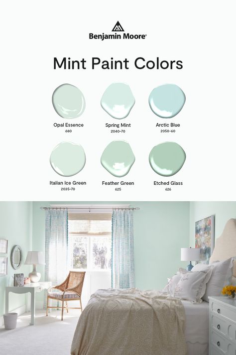 Check out these spring-ready hues that will feel "mint" to be. Cream And Mint Bedroom, Mint Green Color Palette Bedroom, Mint Green Paint Walls Bedrooms, Mint Blue Bedroom Ideas, Mint Color Room Ideas, Pale Mint Paint Color, Mint Bedroom Aesthetic, Light Mint Green Paint, Benjamin Moore Mint Green Paint Colors