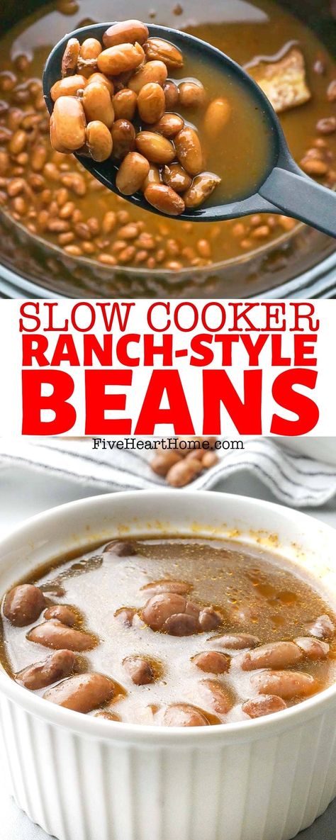 Ranch Style Beans ~ this effortless dried pinto beans recipe is slow cooked in the crock pot for a simple, versatile, delicious side dish of ranch beans, perfect with burgers or BBQ! | FiveHeartHome.com via @fivehearthome Ranch Style Beans Recipe, Ranch Beans, Oven Casserole Recipes, Ranch Style Beans, Pinto Bean Recipes, Pinto Bean, Slow Cooker Stew, Quick Side Dishes, Side Dish Recipes Easy