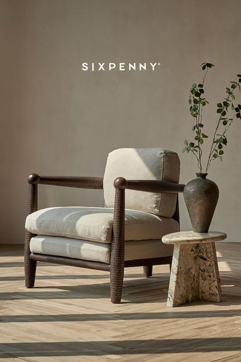 A carved, solid ash frame meets all-natural linen and cotton. Get 10% off your first order. Furniture Photoshoot Ideas, Cute Waiting Room, Wabi Sabi Furniture, Linen Lounge Chair, Minimal Side Table, Japandi Furniture, Lounge Chair Bedroom, Townhouse Exterior, Wabi Sabi Interior