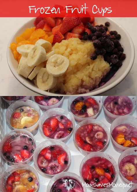 Frozen Fruit Cups, Frozen Fruit Snacks, Fruits Recipes, Vbs Snacks, Salad Cups, Frozen Fruit Recipes, Fruit Desserts Easy, Yogurt Snacks, Fruit Slush