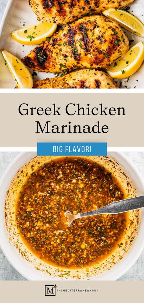 Two pictures of Greek Chicken Marinade, one in a white bowl the other on the chicken Greece Chicken Recipes, Spicy Greek Chicken, Greek Seasoning For Chicken, Chicken Marinade Recipes Baked, Medditeranean Chicken Marinade, Authentic Greek Chicken Marinade, Greek Chicken Thigh Marinade, Mediterranean Marinade For Chicken, Greek Style Chicken Breast