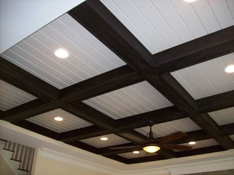 False Ceiling Beams Ideas, Faux Beams Ceiling, Faux Beam Ceiling, Wood Coffered Ceiling, Beams Ceiling, Restaurant Design Rustic, Faux Ceiling Beams, Box Beams, Coffered Ceiling Design