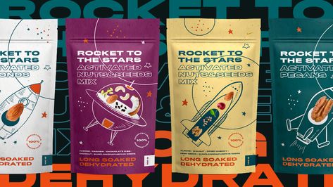 Space Packaging Design, Doodle Packaging, Mixed Nuts Packaging, Space Packaging, Space Snacks, Nuts Packaging, Space Candy, Packaging Snack, Space Character