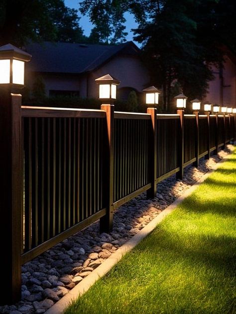 Fence With Solar Lights, Fence Design With Lights, Solar Post Lights Fence, Solar Caps For Fence Posts, Diy Fence Lighting Ideas, Lights On Aluminum Fence, Small Yard Lighting Ideas, Solar Lights Front Porch, Fence Post Solar Lights