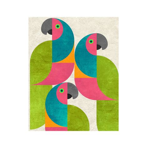 Introducing Mod Parrot; an art piece featuring a stylized composition of vibrant birds. The color palette includes cerulean, tangerine, leaf, and fuchsia on a parchment-hued background, resulting in a delightful and cool visual. This modern canvas is on-trend and draws inspiration from classic mid-century modern styling. Place this bold graphic wherever you need a pop of color. Mod Parrot is available in several sizes, with either a white or black frame, for seamless integration into your existi Painting For Bedroom Art Ideas, Graphic Bird Illustration, Pattern Acrylic Painting, Mid Mod Art, Graphic Pop Art, Abstract Mid Century Art, Bird Abstract Art, Modern Pop Art Canvas, Cool Colours Painting