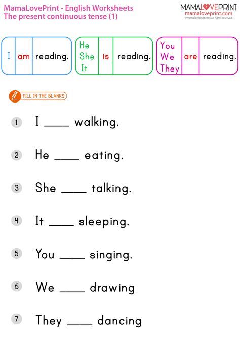 MamaLovePrint . Grade 1 English Worksheets . Basic Grammar (Present Continuous) PDF Free Download Grade 1 English Worksheets, Basic English For Kids, Present Continuous Worksheet, First Grade Reading Comprehension, Worksheets For Class 1, Materi Bahasa Inggris, Present Continuous Tense, English Grammar For Kids, English Worksheets For Kindergarten