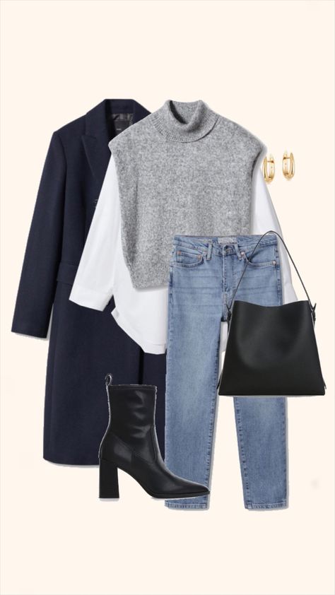 Black Sweater White Shirt Outfit, Shirt In Winter Outfit, Grey Pullover Outfit Winter, Grey And Black Winter Outfits, Knit Vest Winter Outfit, Navy Ankle Boots Outfit, Lace Loafers Outfit, Grey Sweater Jacket Outfit, Women Sweater Vest Outfits