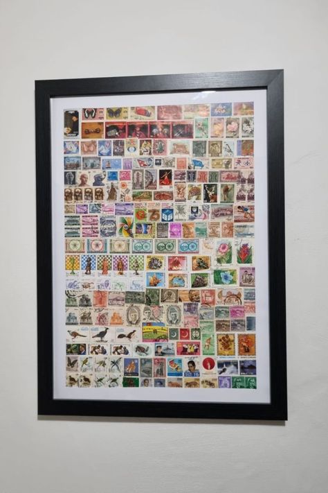 Postage stamp collections presented in a black frame. Postage Stamp Display, Stamp Collection Display, Stamp Collection Ideas, Stamp Display, Postage Stamp Collage, Making A Collage, Postage Stamps Collage, Postage Stamps Crafts, Stamp Collage