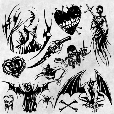 Tatto ideas Flash Sheet Inspiration, Traditional Goth Tattoo, Graphic Tattoos, Darkside Tattoo, Scary Tattoos, Creepy Tattoos, Doodle Tattoo, Gothic Tattoo, Dark Art Tattoo