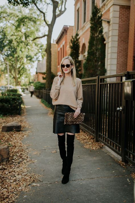 Stuart Weitzman City Boots, Outfits With Thigh High Boots, Leather Skirt And Boots, Edgy Bohemian, Stuart Weitzman Lowland, Camel Sweater, Outfit Planning, Kelly In The City, High Boots Outfit