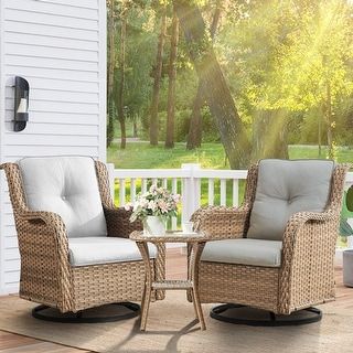 Outdoor Wicker Rocking Lounge Chairs with Swivel Base (Set of 2) - On Sale - Bed Bath & Beyond - 37593046 Wicker Table And Chairs, Wicker Swivel Chair, White Outdoor Furniture, Front Porch Furniture, Indoor Porch, Outdoor Swivel Chair, Wicker Rocking Chair, Porch Chairs, Bistro Furniture