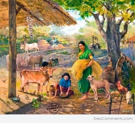 Indian Village Painting - DesiComments.com Village Scene Drawing, Farmer Painting, Village Drawing, Village Painting, Childhood Memories Art, Composition Painting, Paintings Pictures, Scene Drawing, Ascii Art