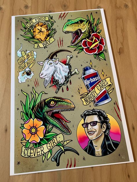 Tattoo-style flash designs inspired by the dino-epic-ness that is Jurassic Park. This is an 11 x 17 inch high-quality archival print on luster paper (gives a soft sheen). Created by your friendly neighborhood nerdy tattoo artist, Sam Rusk. Want a custom Flash Sheet of you or your favorite people? Jurassic Park Tattoo Traditional, Jurassic Park Leg Sleeve, Jeff Goldblum Jurassic Park Tattoo, Jurassic Park Flash Tattoo, Jurassic Park Tattoo Design, Small Jurassic Park Tattoos, Cool Dinosaur Tattoos, Life Finds A Way Tattoo Jurassic Park, Traditional Tattoo Dinosaur