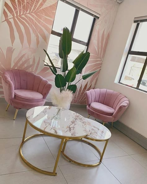 Pink And Gold Spa Room, Nail Salon Waiting Area, Pink Nail Salon Interior, Pink And Green Salon Decor, Pink Green And Gold Office, Pink And Green Beauty Salon, Pink And Gold Esthetician Room, Green And Pink Salon, Pink And Green Office Ideas