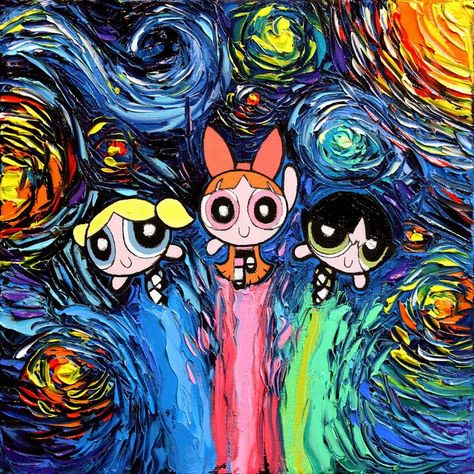 Powerpuff Girls Aja Trier, Appropriation Art, Arte Punk, Arte Van Gogh, A Starry Night, The Powerpuff Girls, The Powerpuff, Starry Night Van Gogh, Cultura Pop