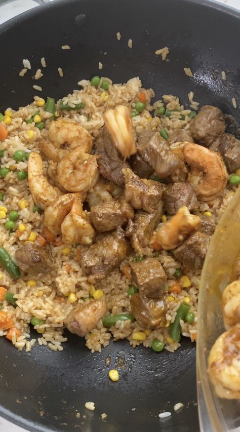 Surf And Turf Hibachi Burrito, Steak And Shrimp Fried Rice Recipe, Surf And Turf Fried Rice, Steak And Shrimp Fried Rice, Fried Fish Meals, Shrimp Fried Rice Easy, Surf And Turf Recipes, Surf And Turf Dinner, Sauced Up Foods