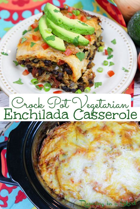 Crock Pot Vegetarian Enchilada Casserole recipe - This healthy and easy vegetarian slow cooker bake is SIMPLE and filled with black beans, veggies, cheese and corn tortillas. Great Mexican flavors for the crockpot! / Running in a Skirt #Mexican #healthy #crockpot #vegetariancrockpot #vegetarianslowcooker #slowcooker #recipe #enchilada via @juliewunder Crock Pot Vegetarian, Vegetarian Enchilada, Vegetarian Slow Cooker, Vegetarian Enchilada Casserole, Casserole Healthy, Vegetarian Platter, Slow Cooker Black Beans, Slow Cooker Enchiladas, Mexican Flavors