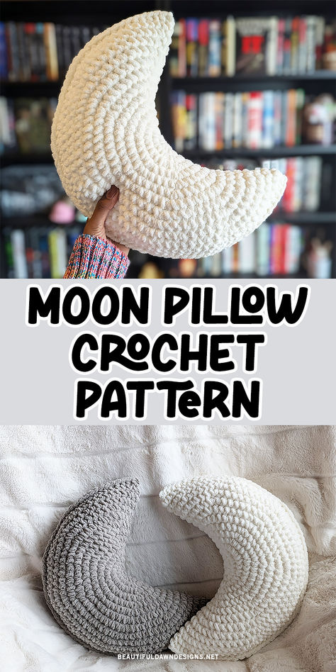 If you're looking for a free and easy crochet pattern, try this moon pillow crochet pattern. This pillow can be made in just about an hour and it makes a great gfit for the holidays, birthdays, and more. Crochet Moon Blanket Pattern Free, Baby Pillow Crochet, Moon Phase Crochet Pattern Free, Easy Crochet Gifts Free Pattern, Crochet Arm Rest Cover Free Pattern, Pillowcase Crochet Pattern, Blanket Yarn Pillow Crochet Pattern, Star Crochet Pillow Pattern, Free Crochet Moon Pattern