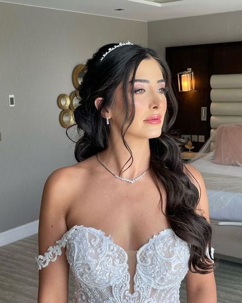 Bride Hairstyles With Veil, Bride Hair Down, Wedding Hairstyles With Crown, Bridal Hair Half Up, Long Bridal Hair, Bridal Hair Down, Wedding Tiara Hairstyles, Wedding Hair Half, Bridal Hairdo